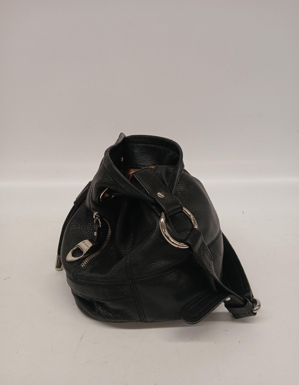 B. Makowsky Black Drawstring Leather Purse with Silver Hardware and Leopard Interior