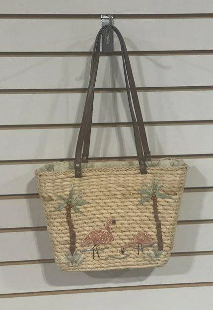Cappelli Straworld Flamingo Straw Tote Beach Bag Pink Lined Palm Trees