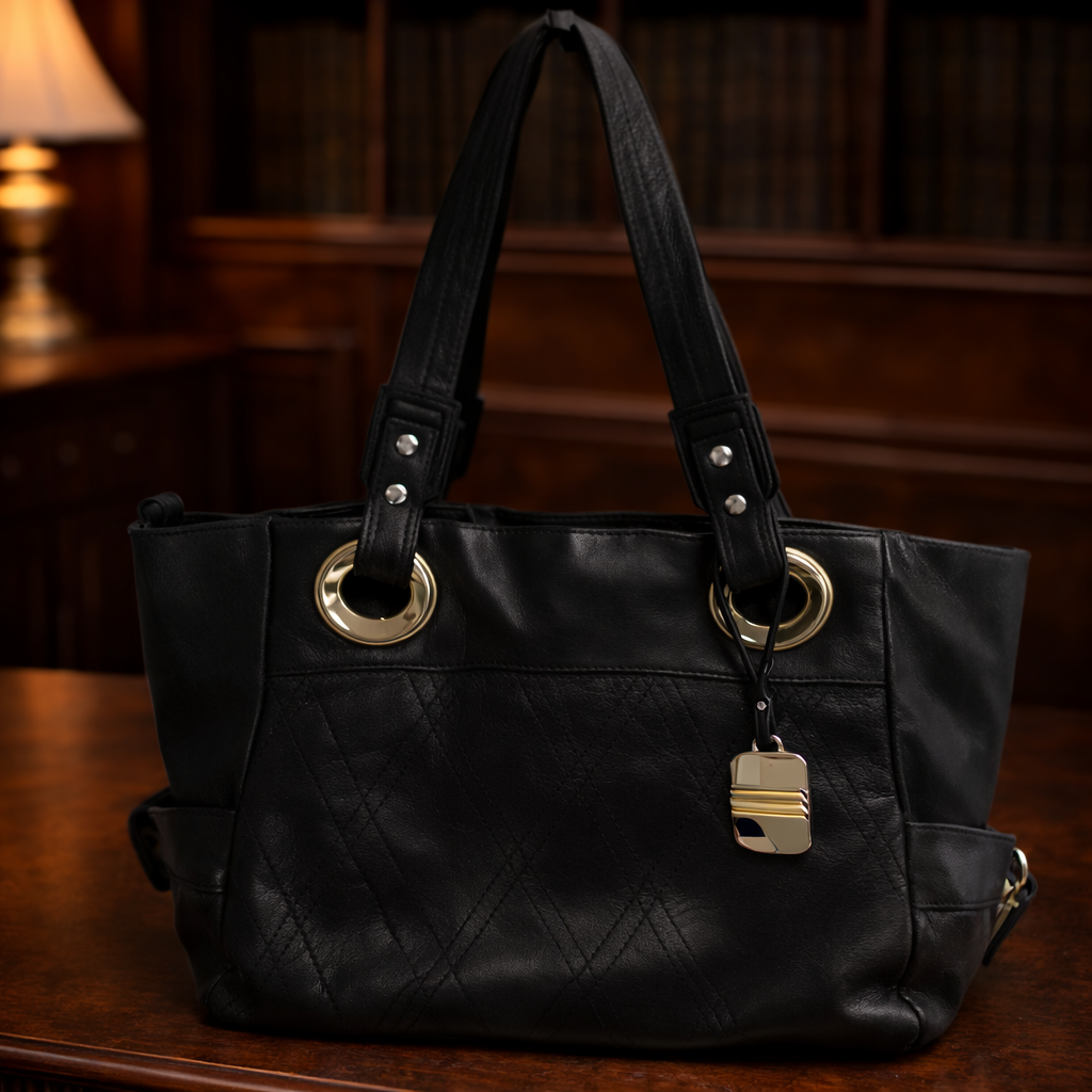 B. Makowsky Navy Blue Leather Tote Shoulder Bag Gold Hardware Soft Slouchy Designer Handbag