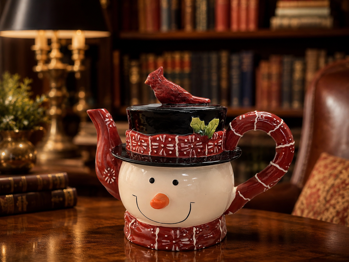 Pacific Rim Handpainted Snowman Teapot with Cardinal Lid | Christmas Winter Ceramic Tea Pot