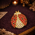 Monet Gold Tone Red Rhinestone Ladybug Brooch | Signed Pave Crystal Insect Pin