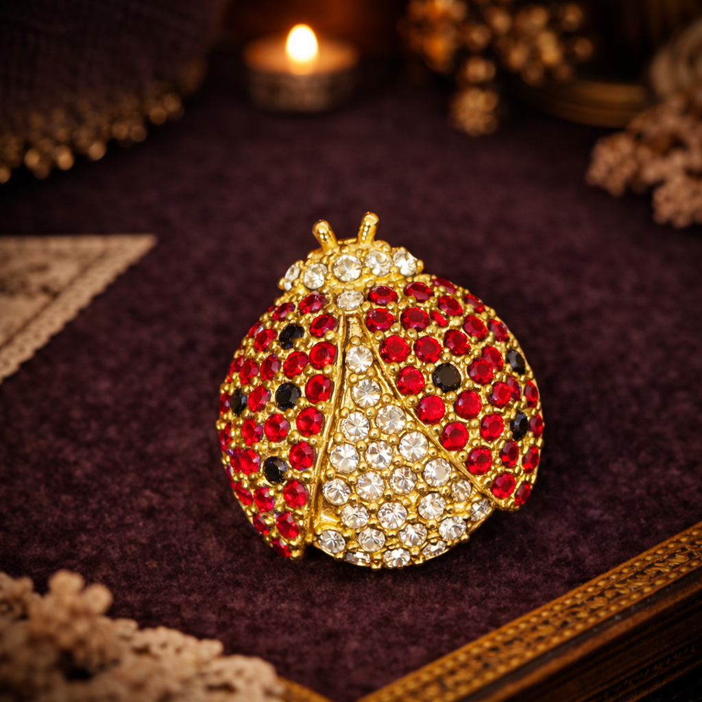 Monet Gold Tone Red Rhinestone Ladybug Brooch | Signed Pave Crystal Insect Pin