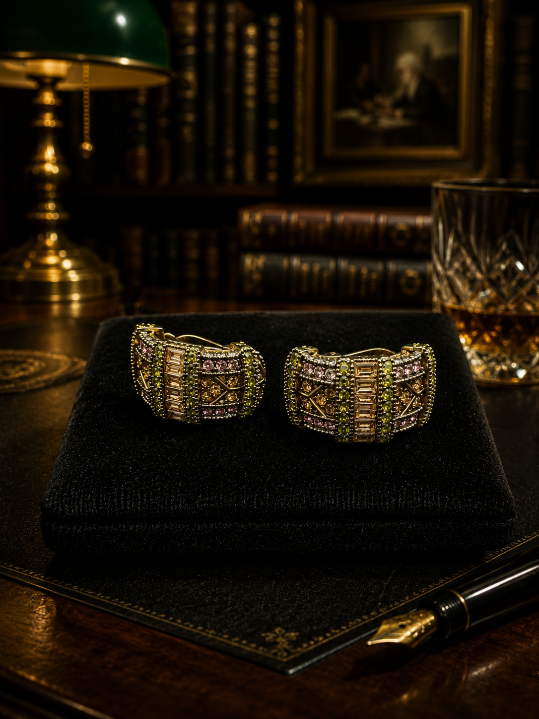 Heidi Daus Gold Tone Multicolor Crystal Hoop Earrings with Antiqued Statement Design