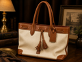 Vintage Dooney and Bourke White and Tan Leather Tassel Tote Bag
