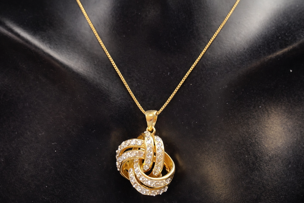 JCM Vermeil Interlocking Knot Pendant Necklace – Signed Gold Over Sterling Rhinestone Necklace