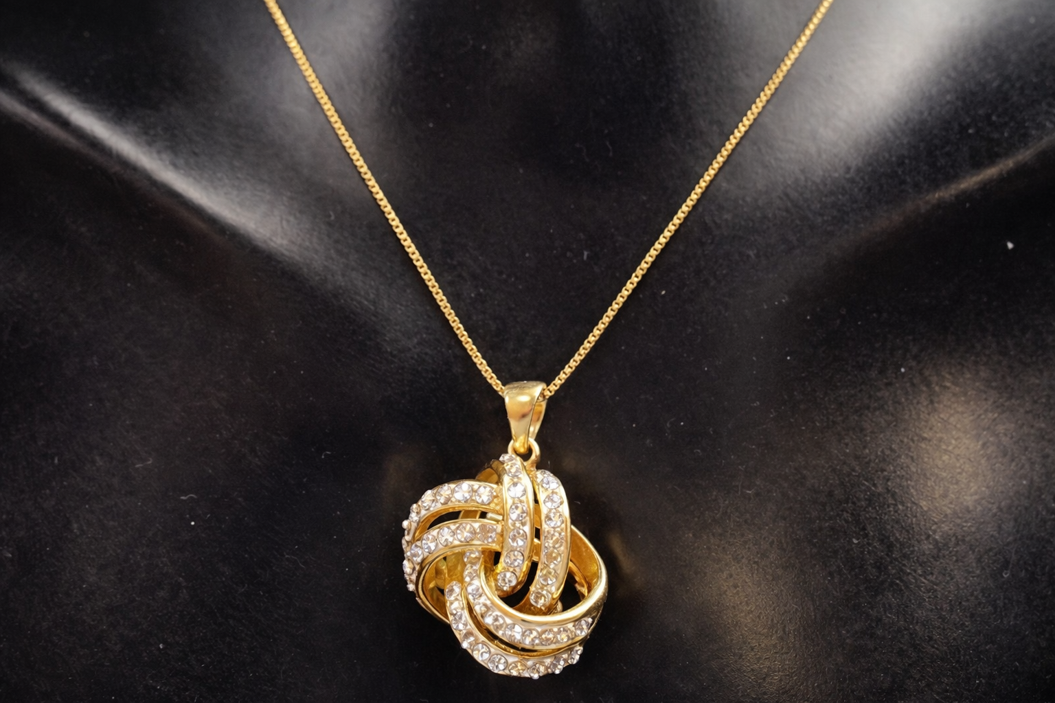 JCM Vermeil Interlocking Knot Pendant Necklace – Signed Gold Over Sterling Rhinestone Necklace