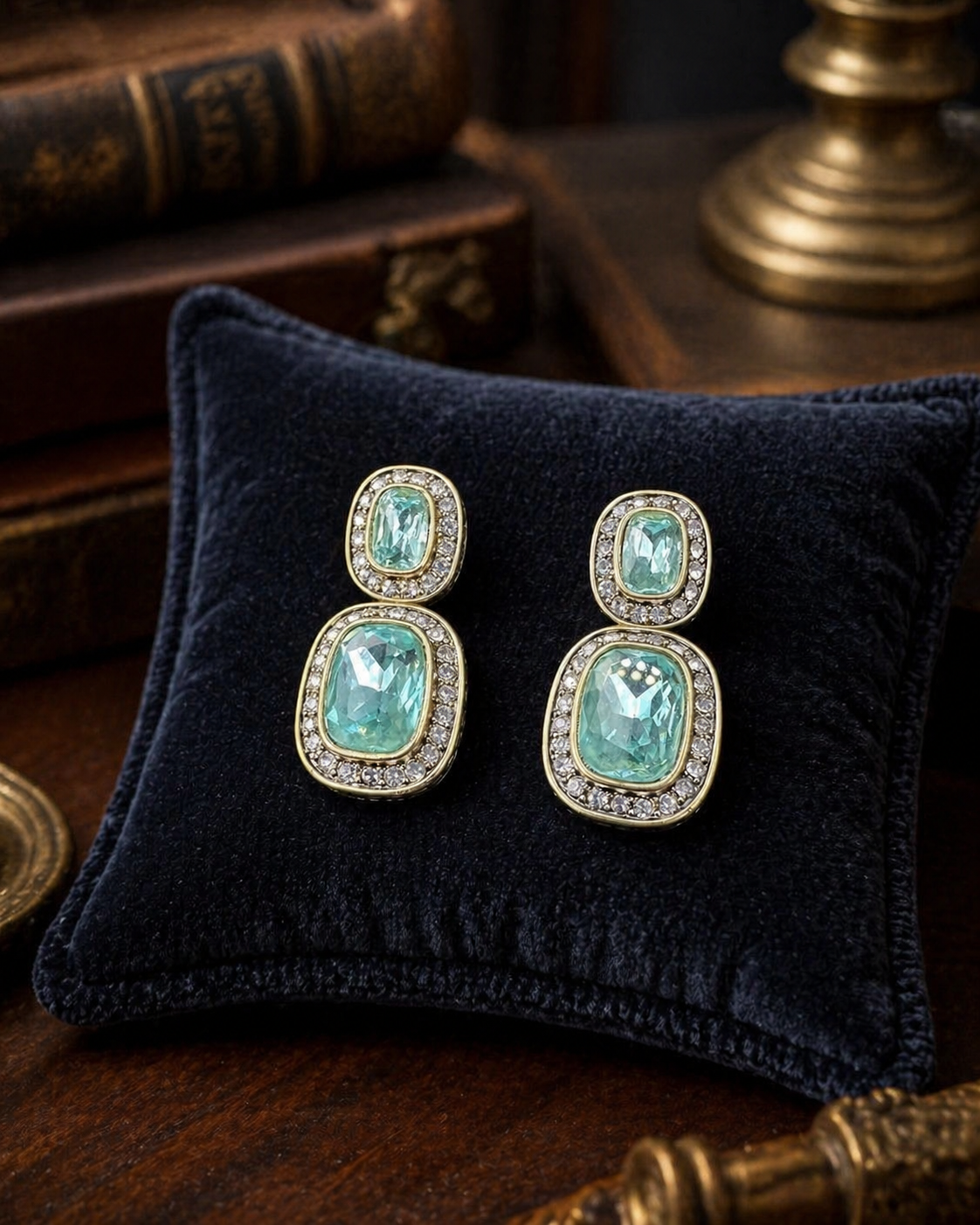 Heidi Daus Aqua Crystal Drop Earrings Gold Tone Double Dangle Statement Designer Jewelry