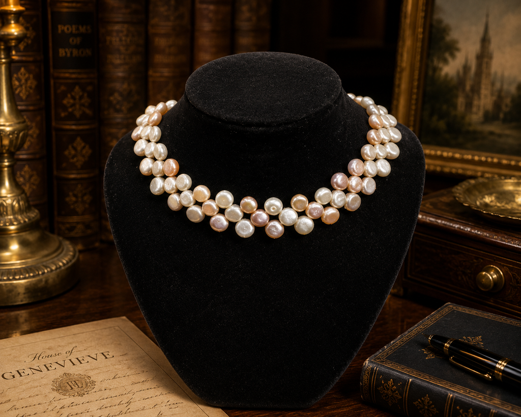 Ivory Blush Coin Pearl Style Multi Strand Collar Necklace