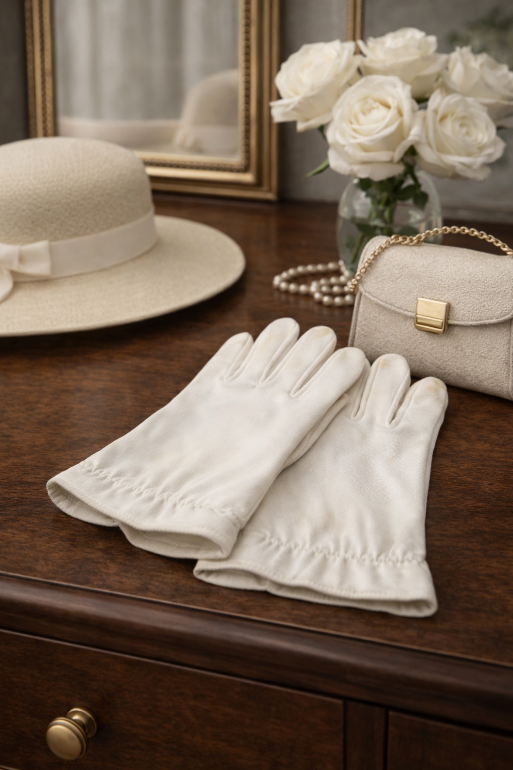 Vintage White Ladies Dress Gloves | Classic Formal Gloves with Age Patina
