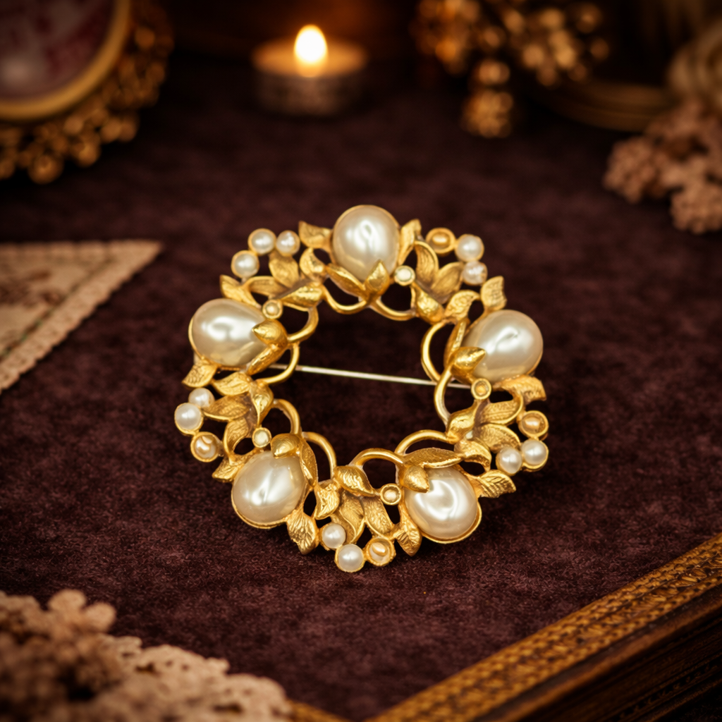 Gold tone faux pearl brooch trio; basket w flowers, wreath and purse with pearl flowers vintage set