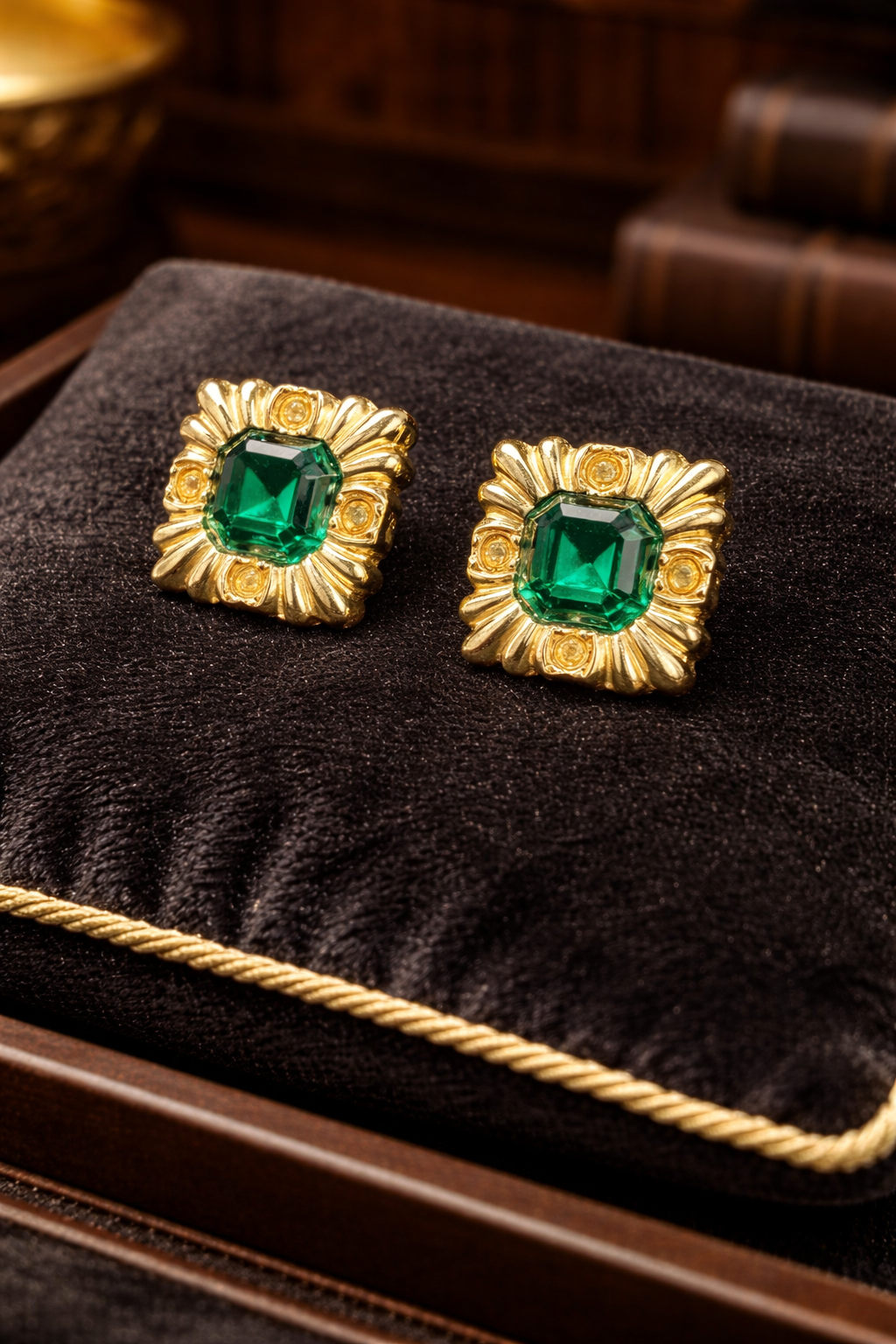 Gold Tone Green Crystal Stud Earrings Emerald Cut Rhinestone Textured Square Vintage Statement Jewelry