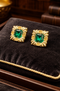Gold Tone Green Crystal Stud Earrings Emerald Cut Rhinestone Textured Square Vintage Statement Jewelry