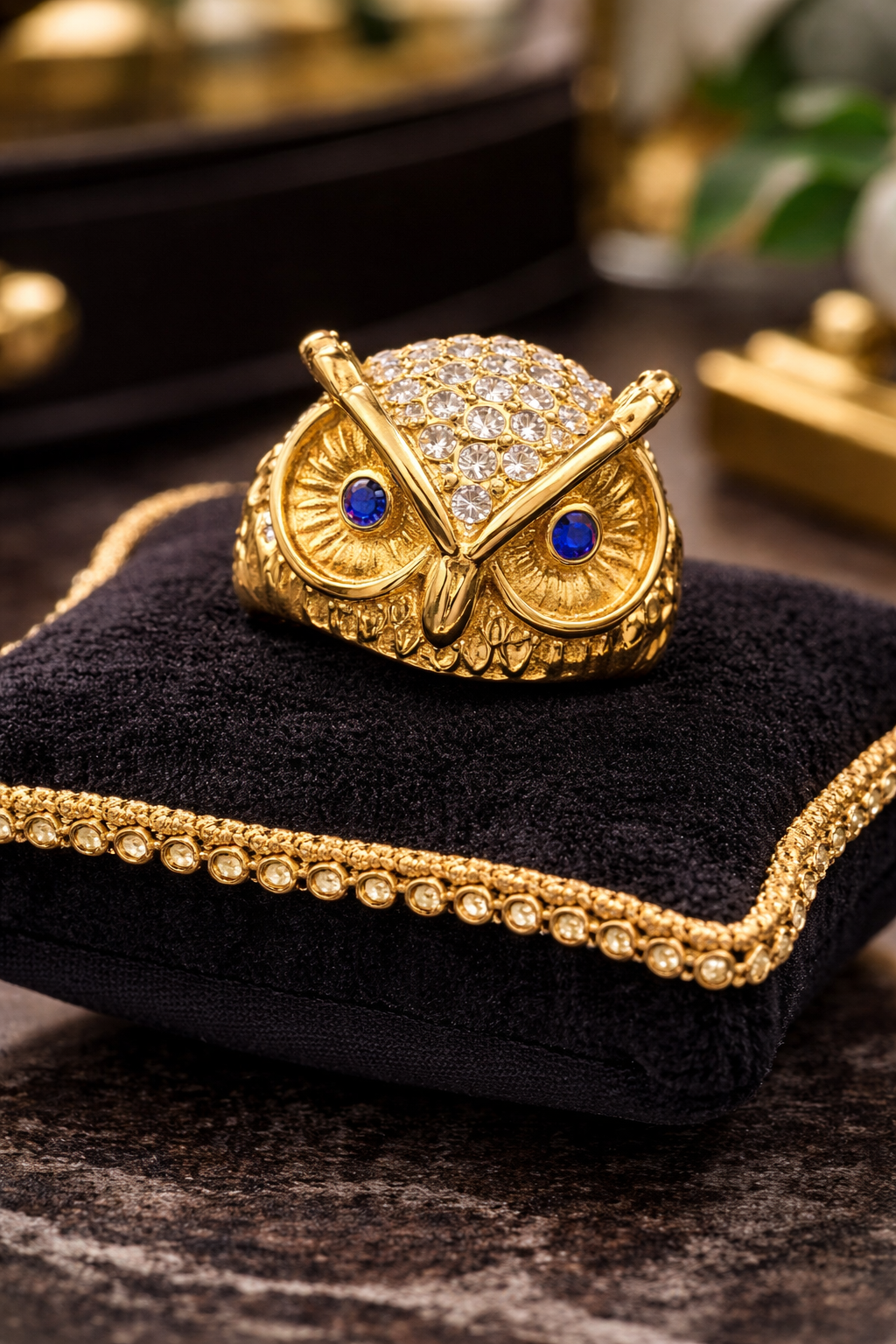 Gold Tone Owl Ring Blue Rhinestone Eyes Crystal Statement Ring Size 8 Vintage Animal Jewelry