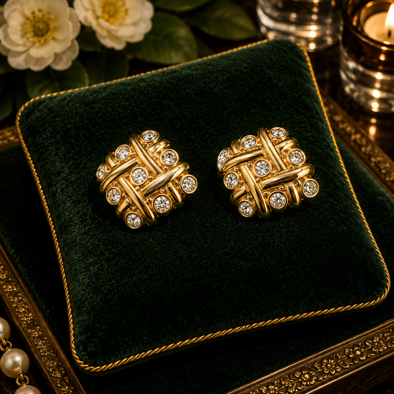 Swarovski Gold Tone Crystal Basketweave Clip Earrings | Signed Designer Statement Earrings