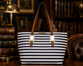 Aldo Navy Blue and White Striped Structured Handbag with Brown Accents