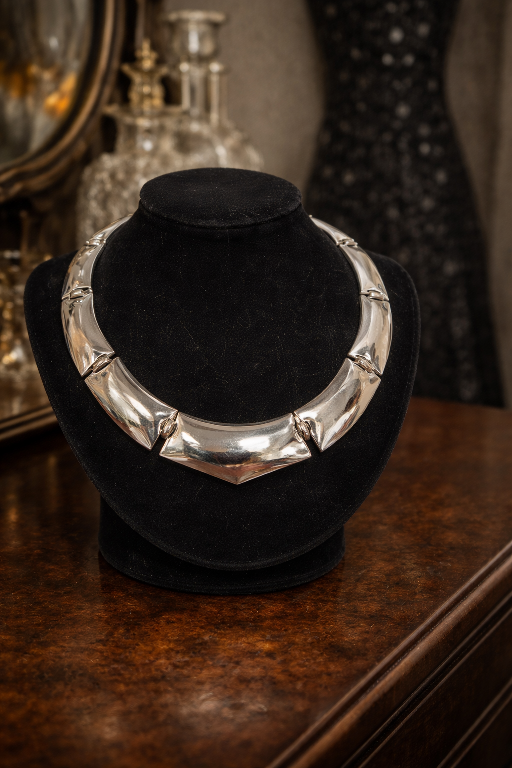 Silver Tone Statement Collar Necklace Geometric Panel Bib Necklace Bold Chunky Vintage Style Runway Modernist Jewelry