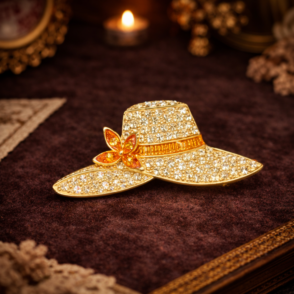 Monet Gold Tone Rhinestone Sun Hat Brooch Pave Crystal Pin Amber Accent Signed
