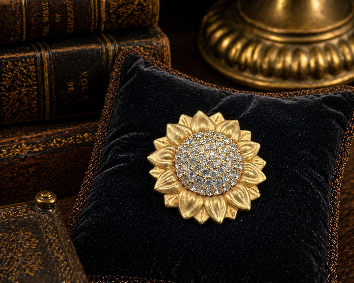 Swarovski Gold Tone Crystal Sunflower Brooch