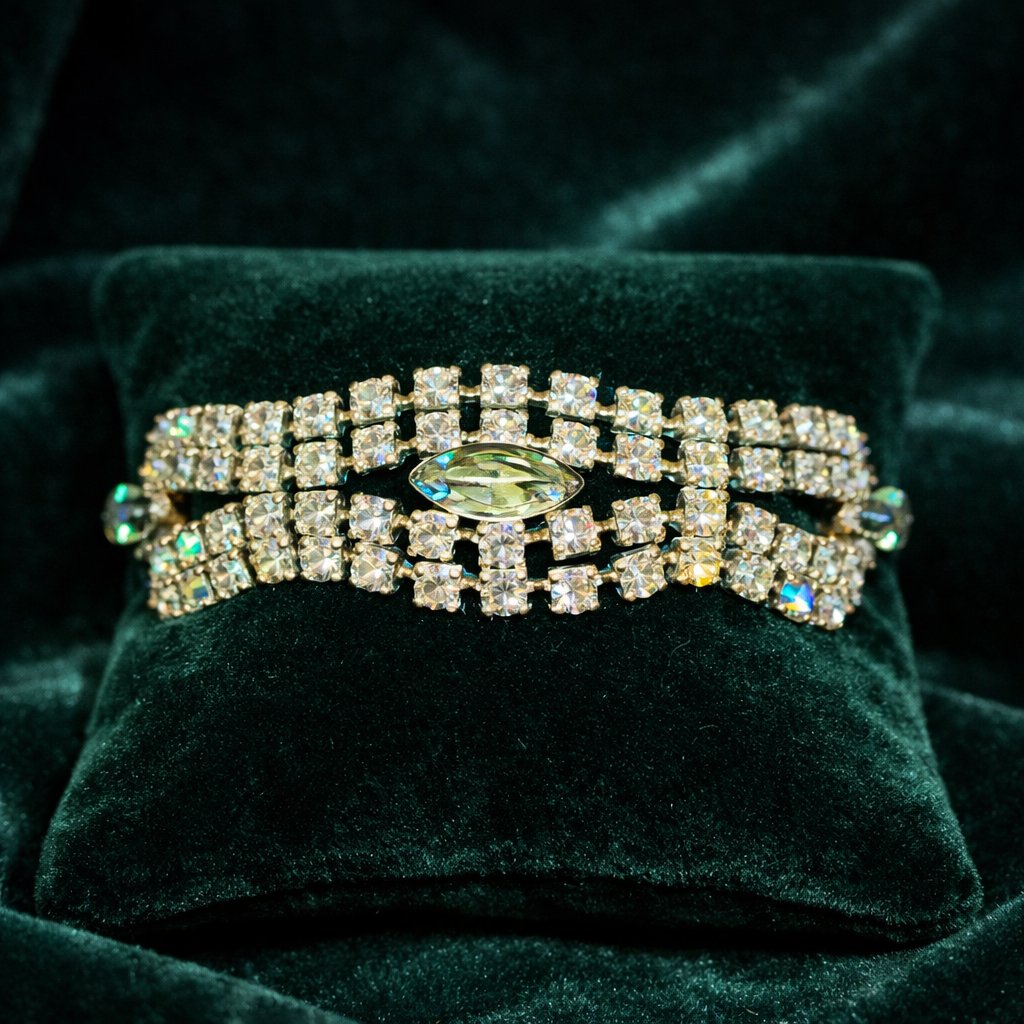 Vintage Silver Tone Rhinestone Bracelet with Green Marquise Center and Aurora Borealis Crystals, Statement Link Design, Curated Estate Glam