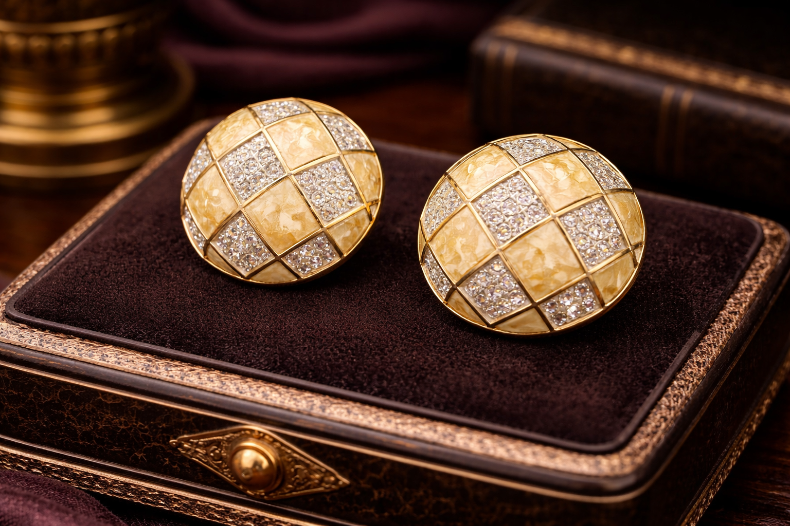 Swarovski SAL Crystal Clip Earrings Gold Tone Enamel Checkerboard Dome Vintage Signed