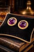Swarovski Gold Tone Magenta Crystal Button Earrings Faceted Round Rhinestone Designer Vintage Jewelry