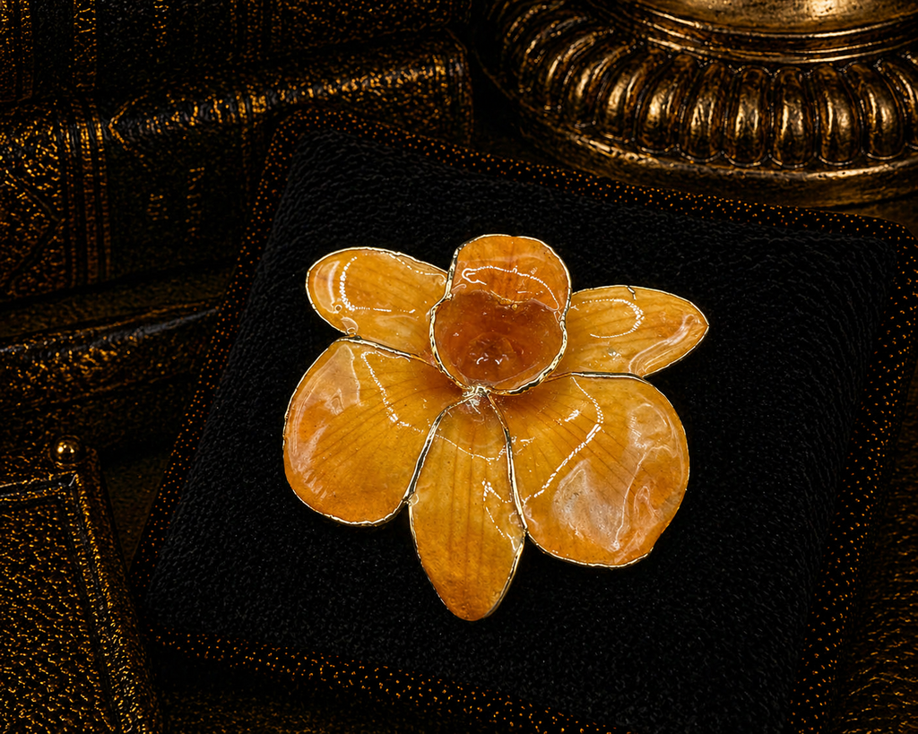 Gold Plated Amber Tone Flower Brooch