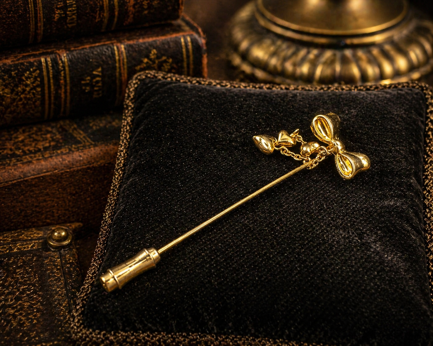 Trifari Gold Tone Bow Stick Pin with Dangle Detail