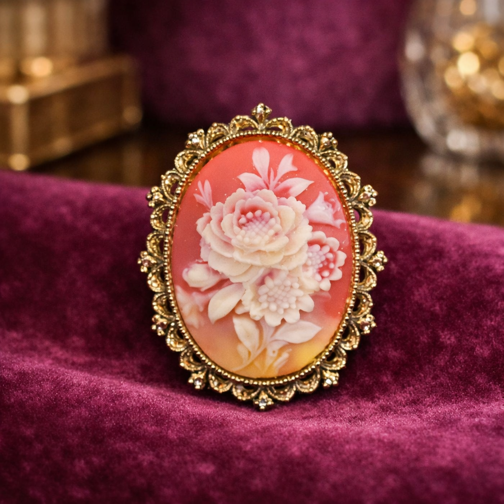 Signed Gerry's Gold Tone Cameo Brooch with Floral Portrait & Roses | Vintage Oval Scalloped Frame Pin