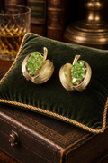 Gold Tone Green Crystal Basket Clip Earrings Textured Fruit Motif Vintage Statement Jewelry