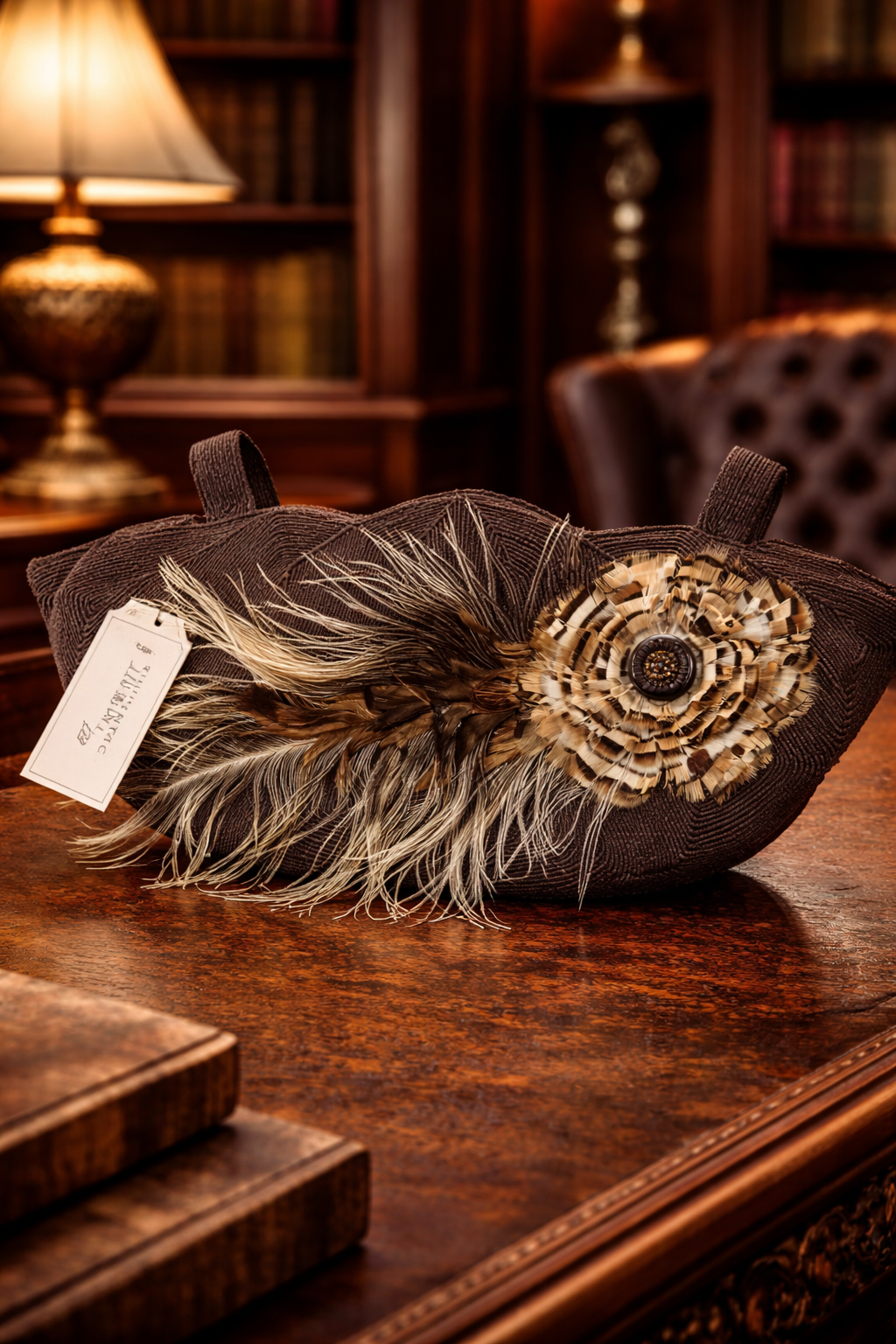 Vintage Lindas Line Brown Corded Clutch Ostrich Feather Lucite Handle Statement Purse