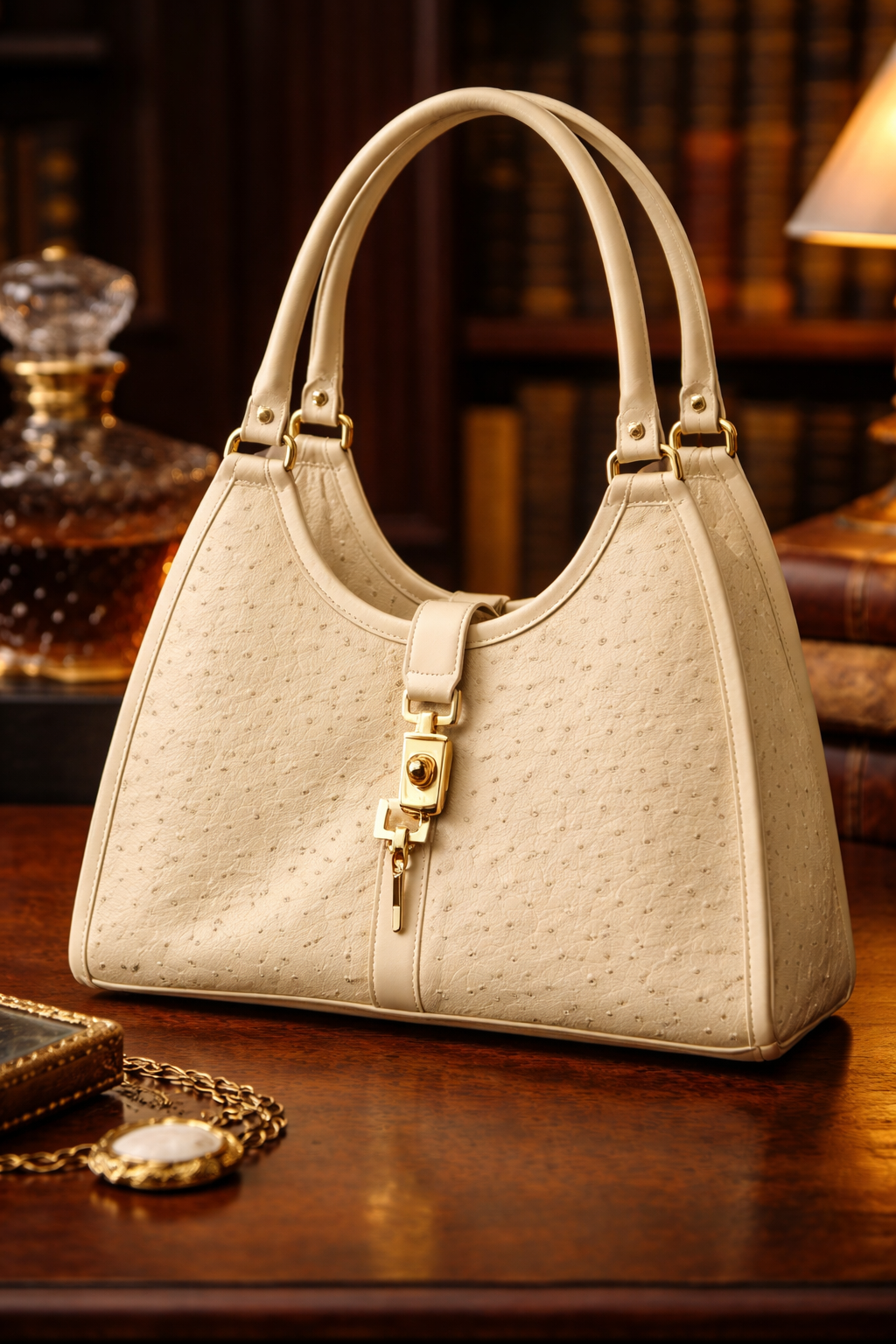 Vintage Cream Ostrich Embossed Top Handle Shoulder Bag Elegant Classic Neutral Handbag
