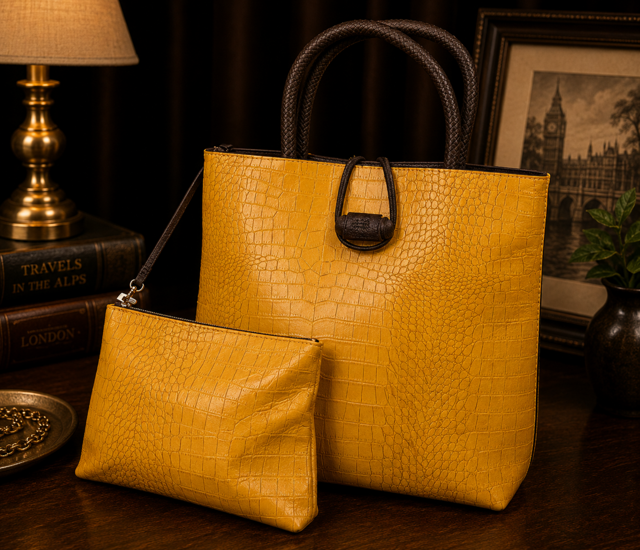 Mustard Yellow Croc Embossed Tote Bag with Matching Pouch