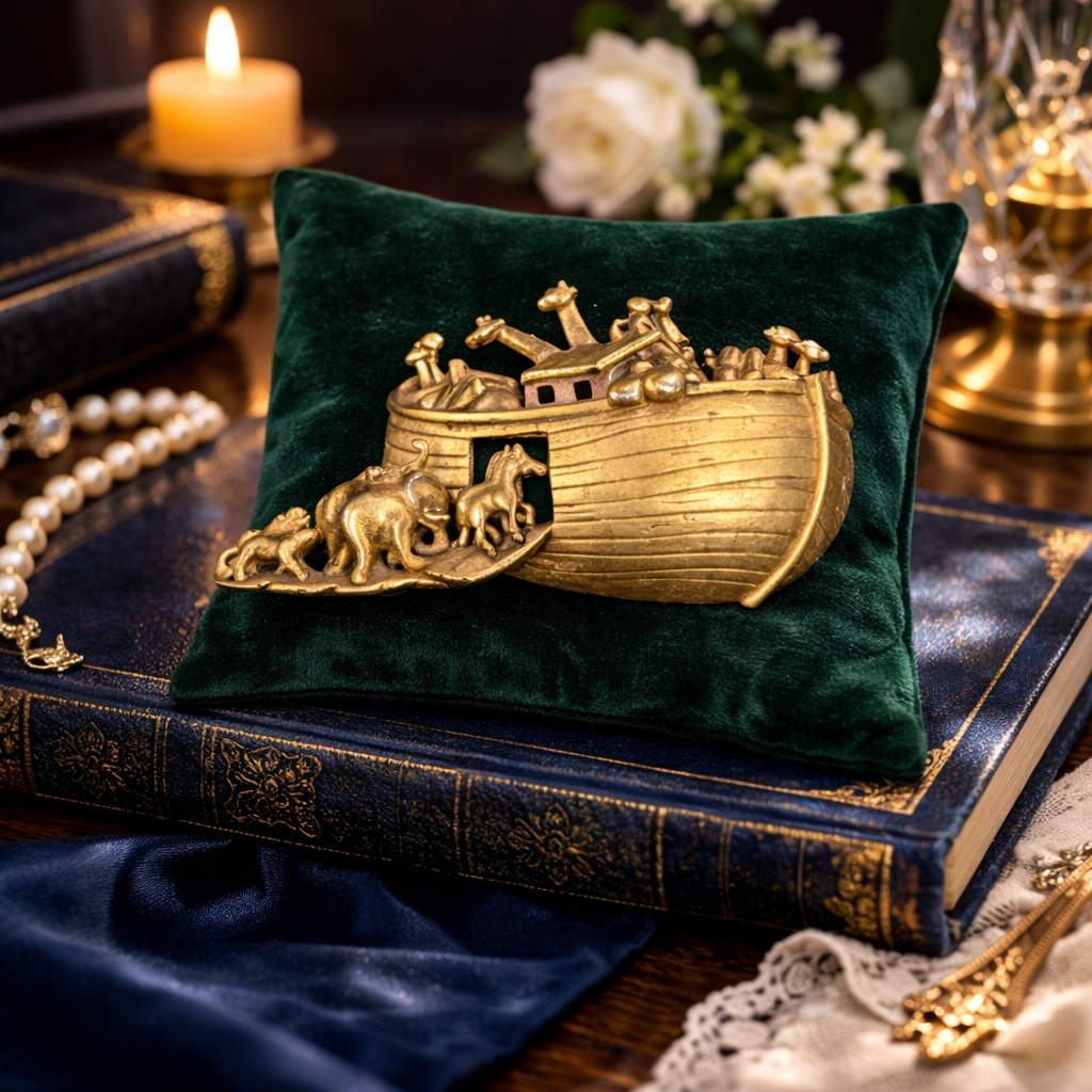 Signed AJC Noah's Ark Gold Tone Figural Brooch | American Jewelry Company Animal Ark Pin