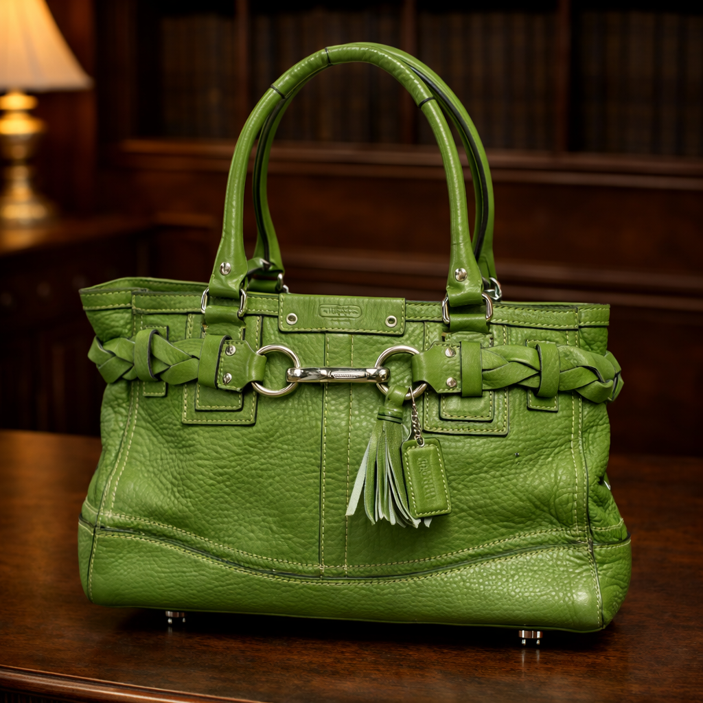 Coach Hampton Green Pebbled Leather Tote with Braided Trim, Silver Hardware Shoulder Bag