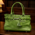 Coach Hampton Green Pebbled Leather Tote with Braided Trim, Silver Hardware Shoulder Bag