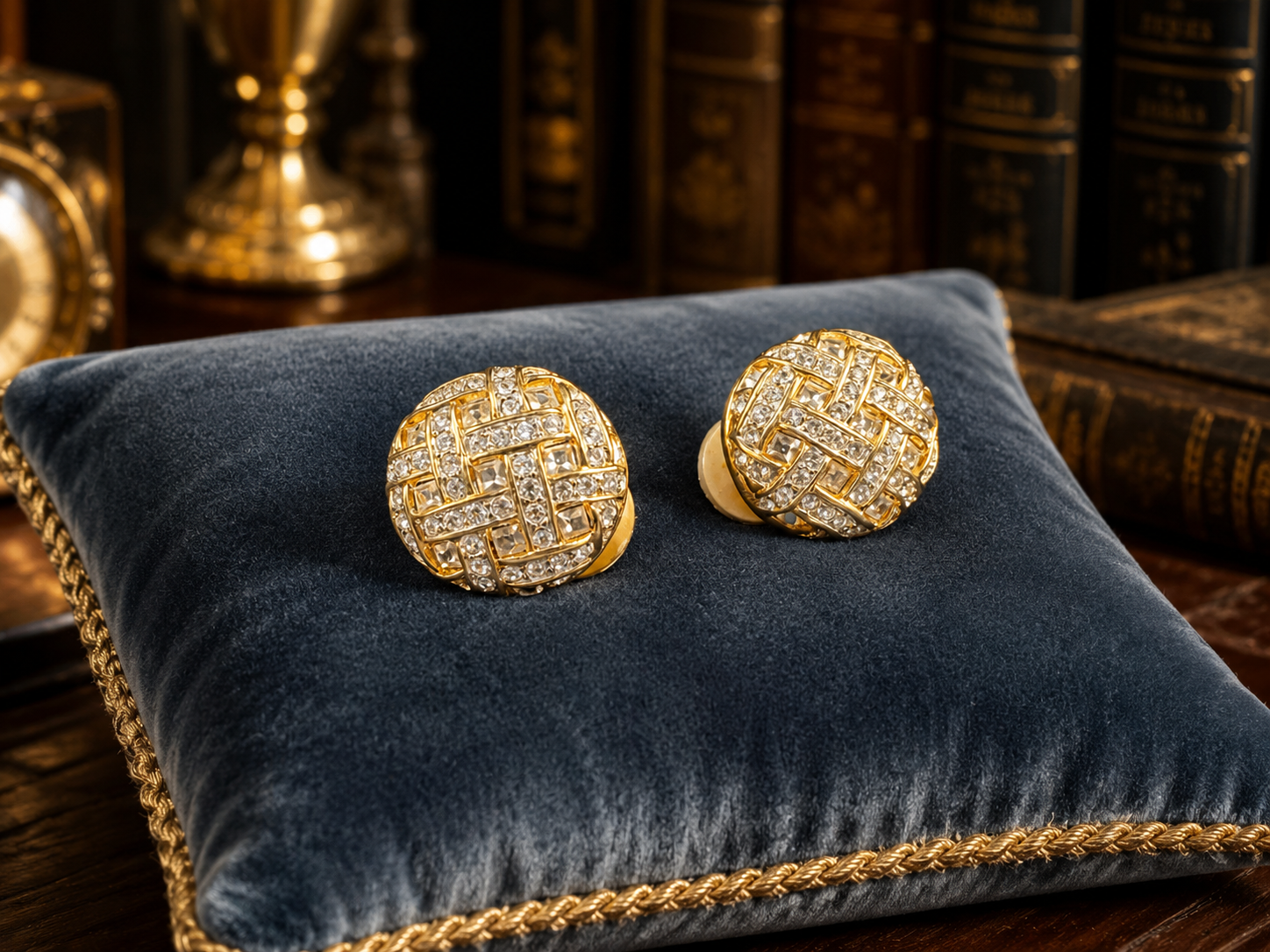 Swarovski Gold Tone Crystal Basketweave Clip Earrings | Signed Designer Statement Earrings