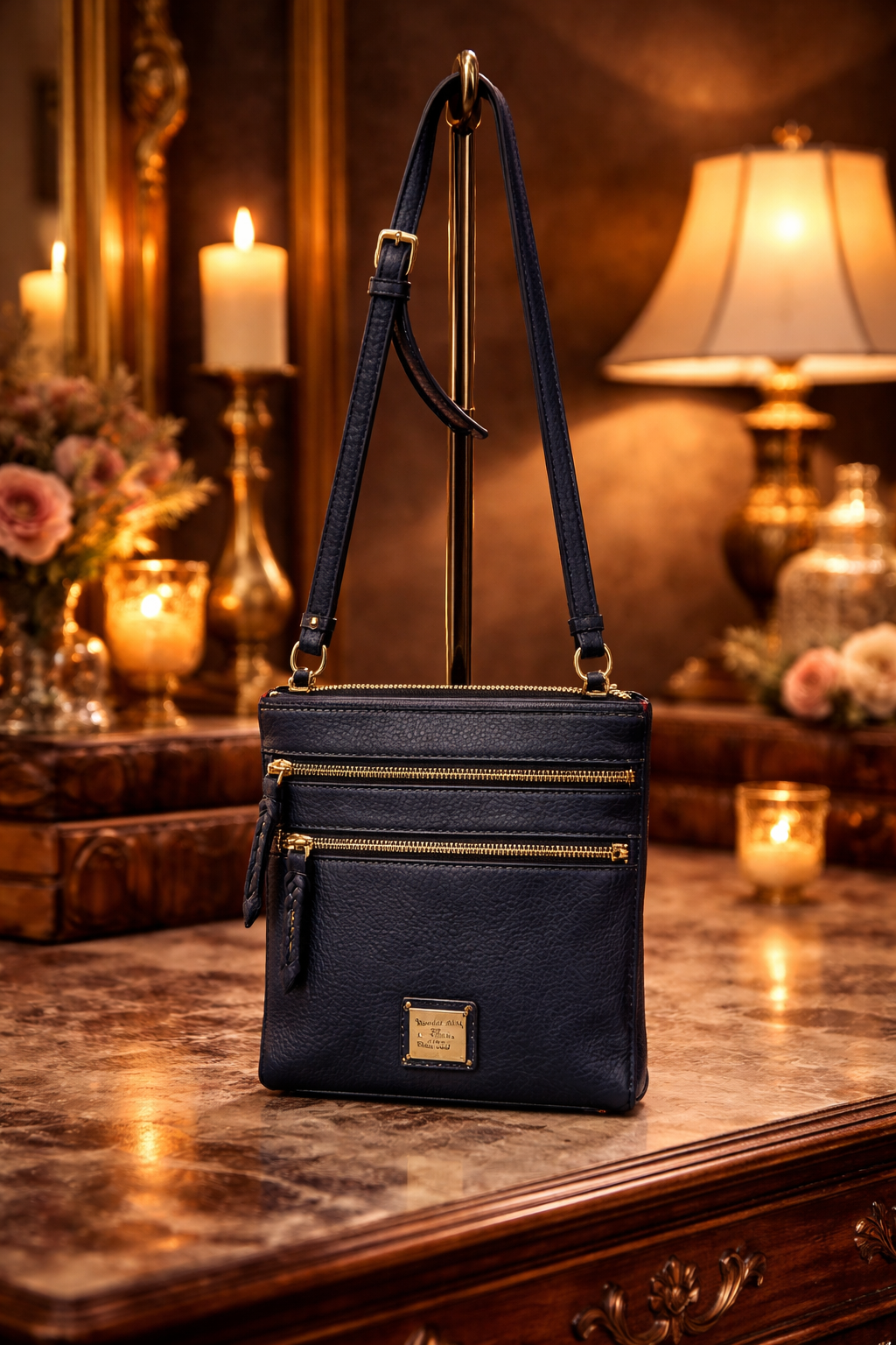 Dooney and Bourke Navy Pebble Grain Leather Crossbody Bag | Adjustable Strap Zip Pocket Organizer Purse