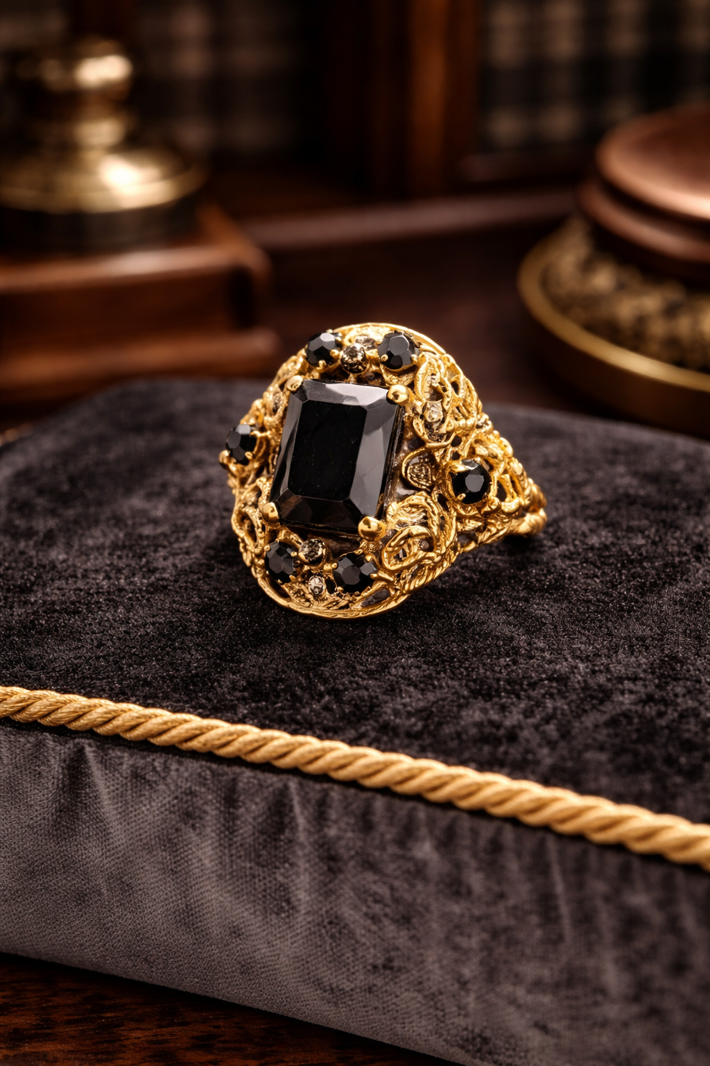 Vintage Signed Gold Tone Black Czech Slovakia Glass Filigree Size 7 Ring