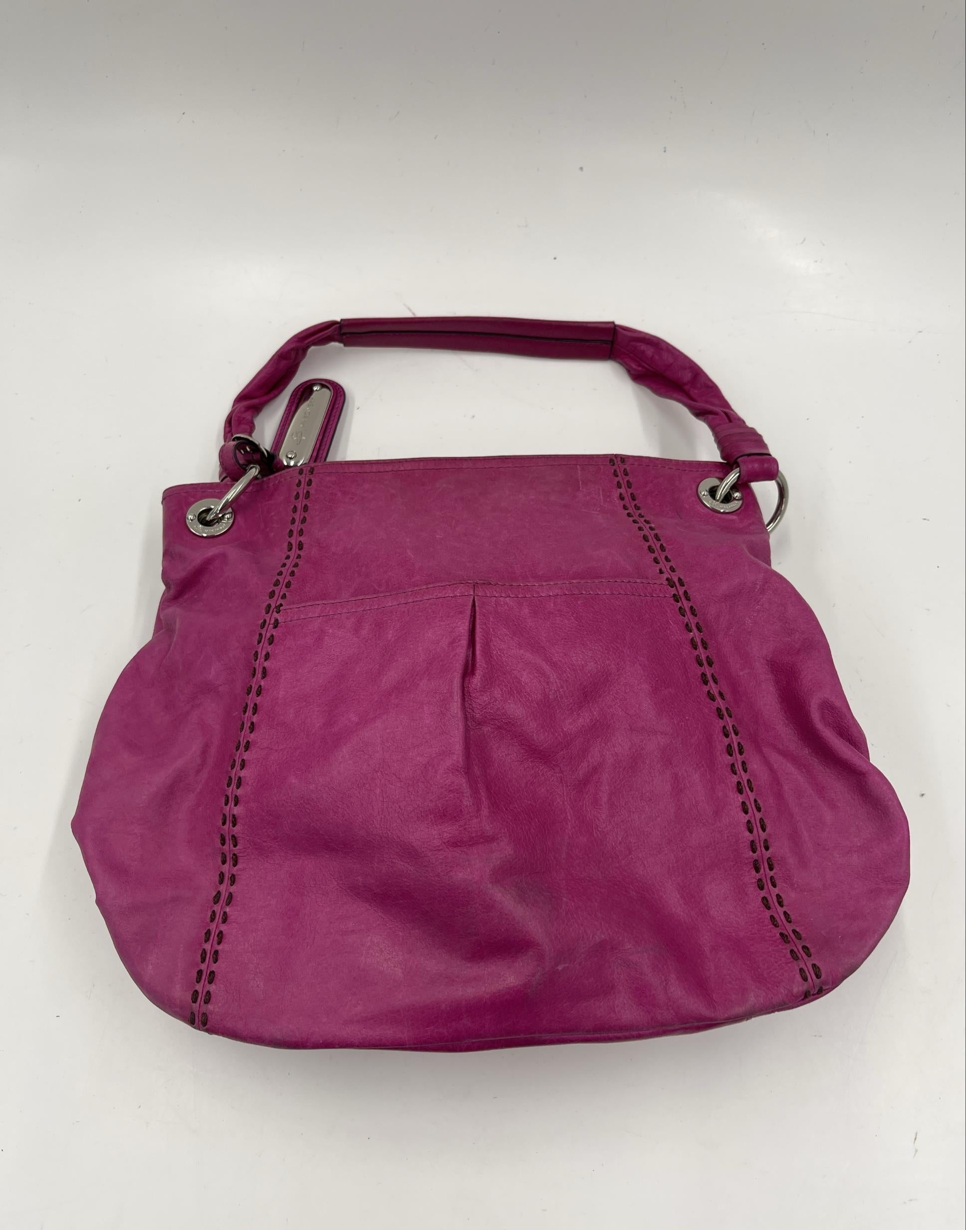 B. Makowsky Pink Leather Shoulder Bag Leopard Print Lining Slouchy Hobo Purse