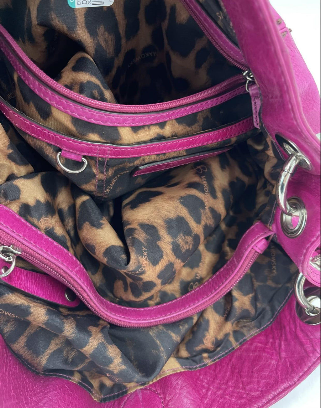 B. Makowsky Pink Leather Shoulder Bag Leopard Print Lining Slouchy Hobo Purse