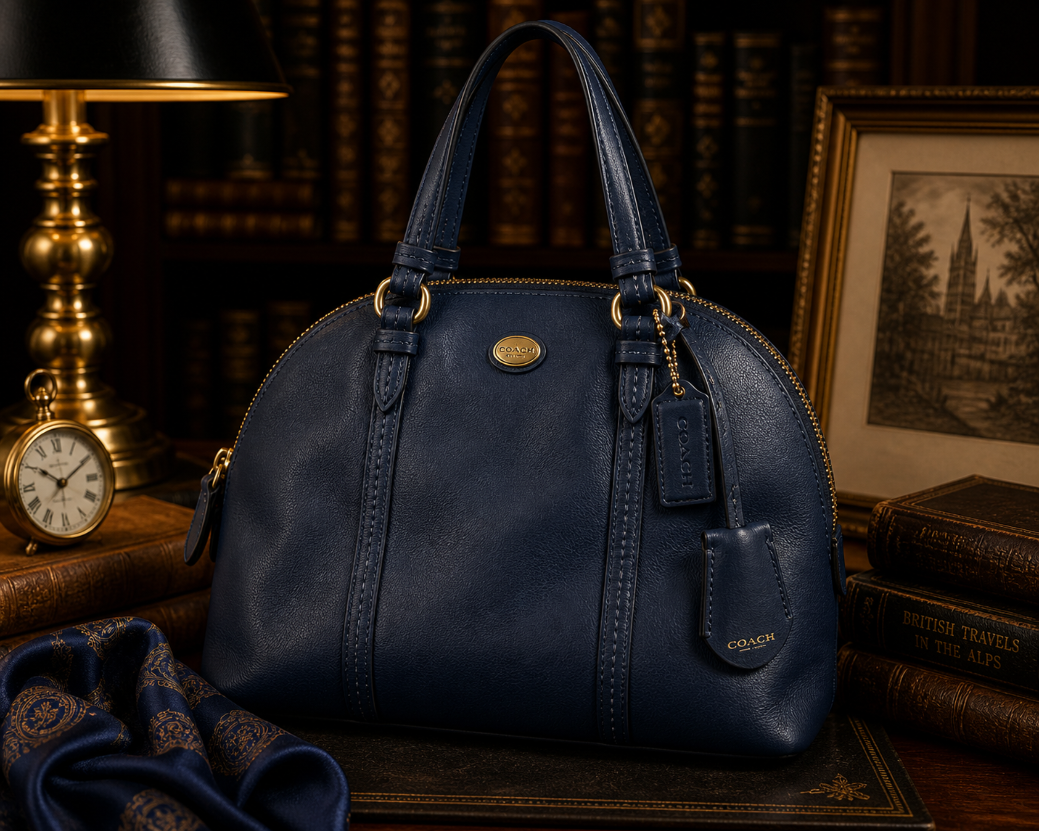 (SOLD) Coach Peyton Dora Navy Leather Dome Satchel Bag F25671