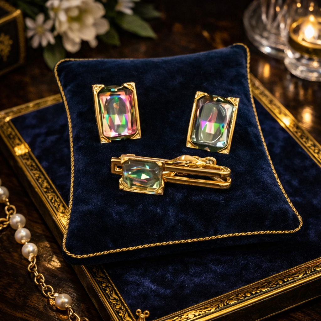 Swank gold tone cufflinks and tie clip set with iridescent mystic stone