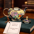 Kelvin Chen Enamel on Copper Miniature Teapot Hand Painted Fruit Basket Design Numbered 1998 with Box Certificate