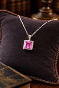 925 Sterling Silver Pink Topaz Pendant Necklace Square Halo Design