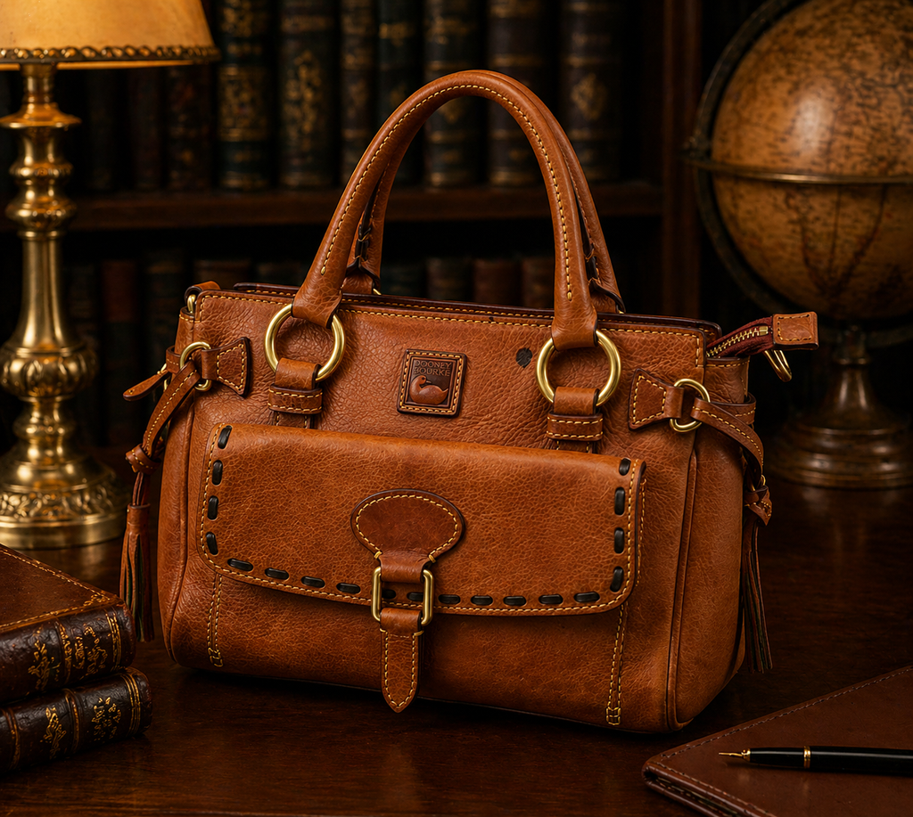 (SOLD) Dooney & Bourke Pebbled Leather Satchel, Tan Brown Top Handle Bag