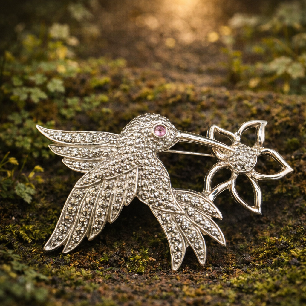 Vintage Silver Tone Hummingbird Brooch with Rhinestone Flower Accent