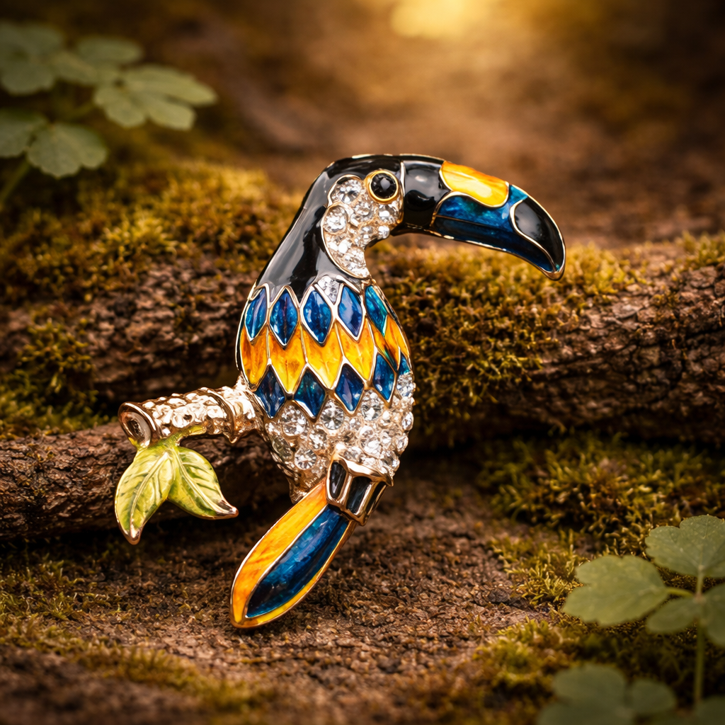 Gold tone enamel toucan brooch colorful tropical bird on branch pin