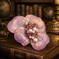 Purple Lucite Flower Brooch with Pearl and Pink Crystal Cluster Center