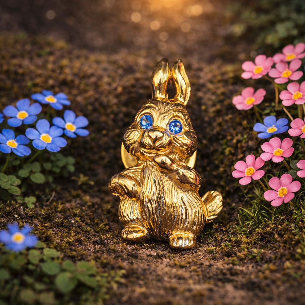 Gold Tone Bunny Brooch Small Rabbit Pin with Blue Rhinestone Eyes