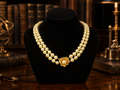 Vintage Triple Strand Pearl Style Necklace with Gold Floral Centerpiece